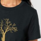 Tshirt femme en coton bio manche courte de couleur noir avec le dessin d'un arbre et d'une planète en sérigraphie doré.