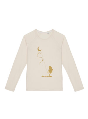 Tshirt manche longue femme en coton biologique, couleur naturel du coton avec un dessin d'une lune et d'un cerf volant de sérigraphie doré.