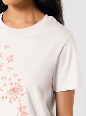 Tshirt femme manche courte de coton biologique couleur beige avec dessin d'abeilles et d'un pissenlit couleur pêche.