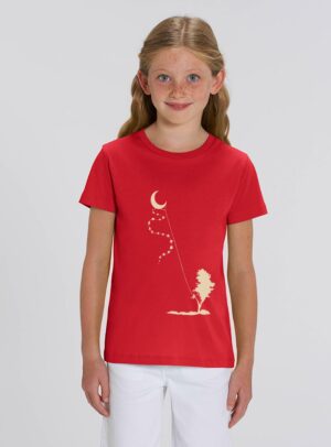 Tshirt enfant manche courte en coton biologique. De couleur rouge avec le dessin d'une arbre et d'un cerf volant. La couleur de la sérigraphie est beige.