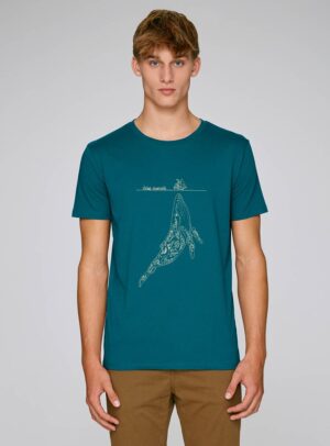 Tshirt manche courte homme en coton biologique, avec le dessin d'une baleine et de motifs polynésiens. Inscription vivre ensemble et sérigraphie de couleur beige.