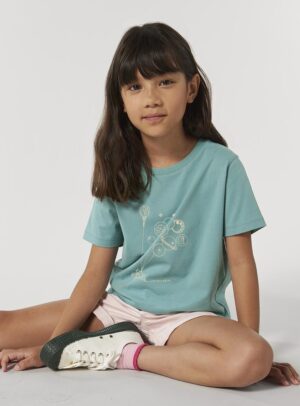 Tshirt enfant manche courte en coton biologique. De couleur turquoise avec le dessin d'un bouquet de planète et du petit prince. La couleur de la sérigraphie est beige.