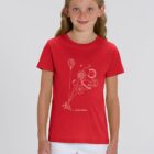 Tshirt enfant manche courte en coton biologique. De couleur rouge avec le dessin d'un bouquet de planète et du petit prince. La couleur de la sérigraphie est beige.