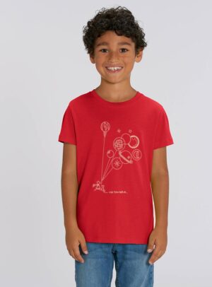 Tshirt enfant manche courte en coton biologique. De couleur rouge avec le dessin d'un bouquet de planète et du petit prince. La couleur de la sérigraphie est beige.