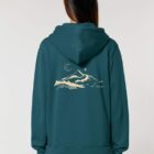 Veste sweat pour homme et femme en coton biologique de couleur ardoise avec un dessin de montagne dans le dos et une inscription noté silence de sérigraphie beige.