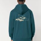 Veste sweat pour homme et femme en coton biologique de couleur ardoise avec un dessin de montagne dans le dos et une inscription noté silence de sérigraphie beige.