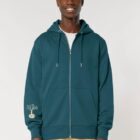 Veste sweat pour homme et femme en coton biologique de couleur ardoise avec un dessin de montagne dans le dos et une inscription noté silence de sérigraphie beige.
