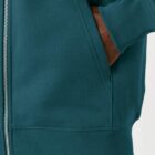 Veste sweat pour homme et femme en coton biologique de couleur ardoise avec un dessin de montagne dans le dos et une inscription noté silence de sérigraphie beige.