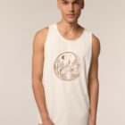 Débardeur homme coton biologique couleur naturel du coton avec le dessin d'un yin et yang de la nature, d'un coté les montagnes et de l'autre la plage la sérigraphie est de couleur marron clair.
