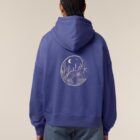 Sweat femme en coton biologique de couleur mauve avec un dessin représentant un yin et yang de la nature, d'un coté les montagnes et de l'autre la plage la sérigraphie est de couleur beige.