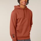 Sweat pour homme et femme en coton biologique de couleur terracotta avec un dessin dans le dos représentant les cinq éléments de sérigraphie noir ainsi que le logo de la marque imprimé sur la manche.