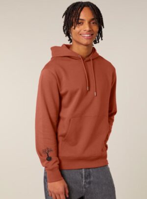 Sweat pour homme et femme en coton biologique de couleur terracotta avec un dessin dans le dos représentant les cinq éléments de sérigraphie noir ainsi que le logo de la marque imprimé sur la manche.