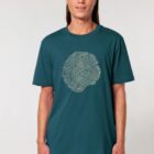 Tshirt homme manche courte en coton biologique de couleur bleu ardoise avec le dessin d'une coupe de bois formée par des petits animaux la sérigraphie est de couleur beige.