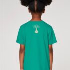 Tshirt enfant manche courte en coton biologique. De couleur vert émeraude vue de dos avec le logo de la marque entre les épaules. La couleur de la sérigraphie est beige.