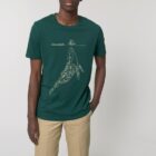 Tshirt manche courte en coton bio pour homme de couleur vert sapin avec un dessin représentant une baleine avec des motifs polynésiens et la sérigraphie est de couleur beige .