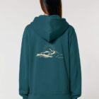 Veste sweat pour homme et femme en coton biologique de couleur bleu ardoise avec un dessin de montagne dans le dos et une inscription noté silence de sérigraphie beige.