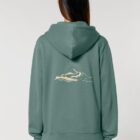 Veste sweat pour homme et femme en coton biologique de couleur vert jade avec un dessin de montagne dans le dos et une inscription noté silence de sérigraphie beige.