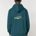 Veste sweat pour homme et femme en coton biologique de couleur bleu ardoise avec un dessin de montagne dans le dos et une inscription noté silence de sérigraphie beige.