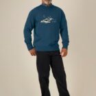 Sweat homme en coton biologique de couleur denim. avec la sérigraphie d'une montagne et écrit silence de couleur beige.