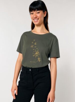 Tshirt femme à manche courte en coton biologique de couleur kaki avec un dessin d'abeilles s'envolant d'un pissenlit . Avec une inscription ' Bee la vie ', la sérigraphie est de couleur doré.