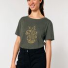 Tshirt femme à manche courte en coton biologique de couleur kaki avec un dessin de bouquet de fleurs en forme allongée. Avec une inscription ' La clef des champs', la sérigraphie est de couleur doré.
