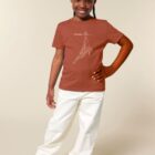 Tshirt enfant manche courte en coton biologique de couleur terracotta avec un dessin représentant une baleine avec des motifs polynésiens en sérigraphie de couleur beige.