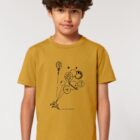 Tshirt enfant manche courte en coton biologique de couleur ocre avec un dessin représentant des planètes en forme de ballons tenu par le petit prince et son renard. La couleur de sérigraphie est noir.
