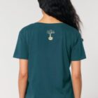 Tshirt femme manche courte en coton biologique de couleur bleu ardoise vue de dos avec le dessin de la marque entre les épaules et la sérigraphie est de couleur beige.