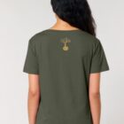 Tshirt femme manche courte en coton biologique de couleur kaki vue de dos avec le dessin de la marque entre les épaules et la sérigraphie est de couleur doré.
