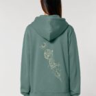 Sweat avec fermeture éclaire pour femme et homme en coton biologique de couleur vert jade avec un dessin dans le dos représentant les cinq éléments. La sérigraphie est de couleur beige.