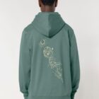 Sweat avec fermeture éclaire pour homme et femme en coton biologique de couleur vert jade avec un dessin dans le dos représentant les cinq éléments. La sérigraphie est de couleur beige.