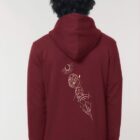 Sweat avec fermeture éclaire pour homme et femme en coton biologique de couleur bordeau avec un dessin dans le dos représentant les cinq éléments. La sérigraphie est de couleur beige.