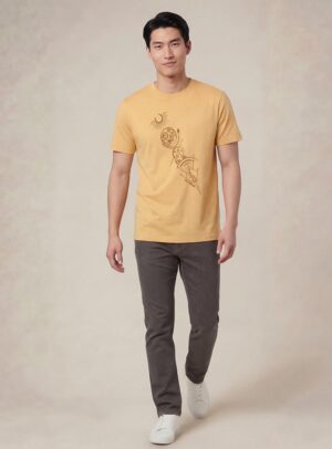 Tshirt manche courte en coton bio pour homme de couleur jaune blé avec un dessin représentant les cinq éléments et la sérigraphie est de couleur marron.