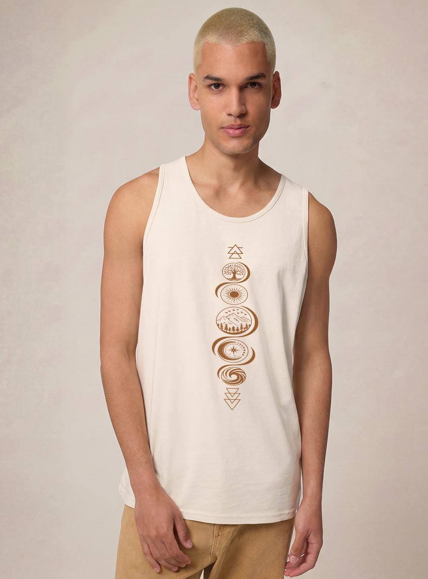 Tee shirt bio homme commerce équitable Débardeur bio homme couleur naturel du coton avec le dessin de chaque élément de la nature, la sérigraphie est de couleur marron.