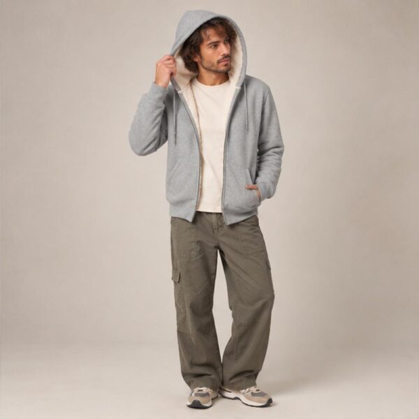 Photo de présentation du sweat à capuche zippé unisexe Polaire, en coton biologique, coloris gris chiné, porté par un modèle homme. Collection Ardecho 07.