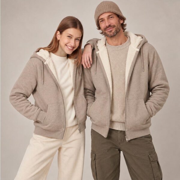 Photo de présentation du sweat à capuche zippé unisexe Polaire, en coton biologique, coloris crème chiné, porté par un modèle homme et un modèle femme. Collection Ardecho 07.