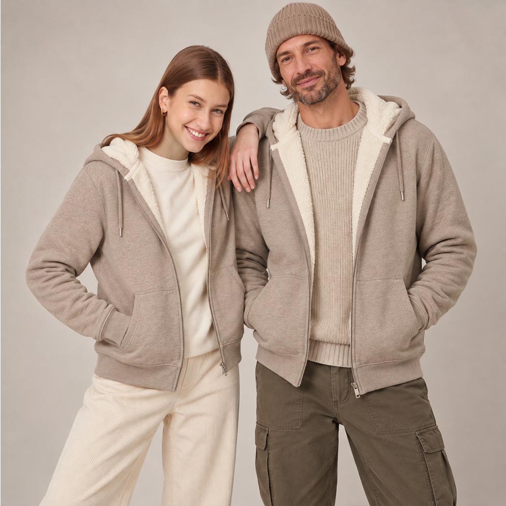 Polaire unisexe coton bio crème chiné – Ardecho07 Photo de présentation du sweat à capuche zippé unisexe Polaire, en coton biologique, coloris crème chiné, porté par un modèle homme et un modèle femme. Collection Ardecho 07.