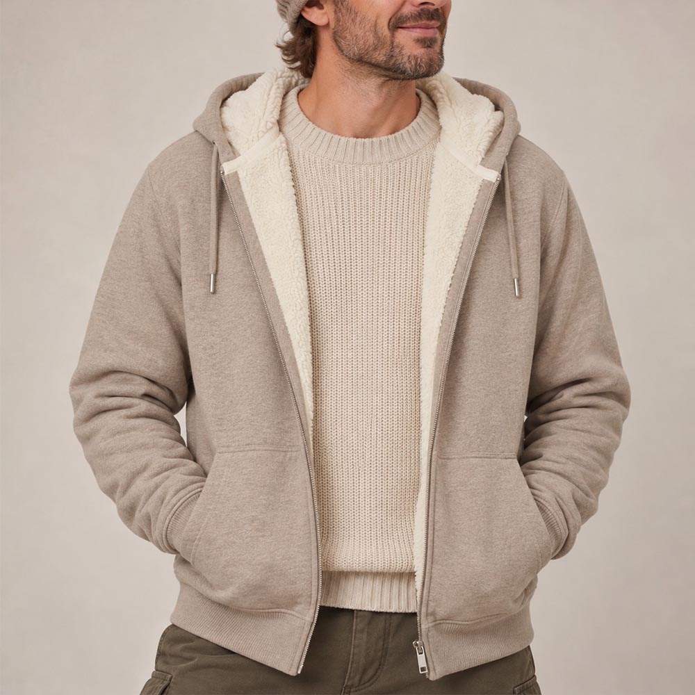 Photo de présentation du sweat à capuche zippé unisexe Polaire, en coton biologique, coloris crème chiné, porté par un modèle homme. Collection Ardecho 07. Zoom sur la polaire.