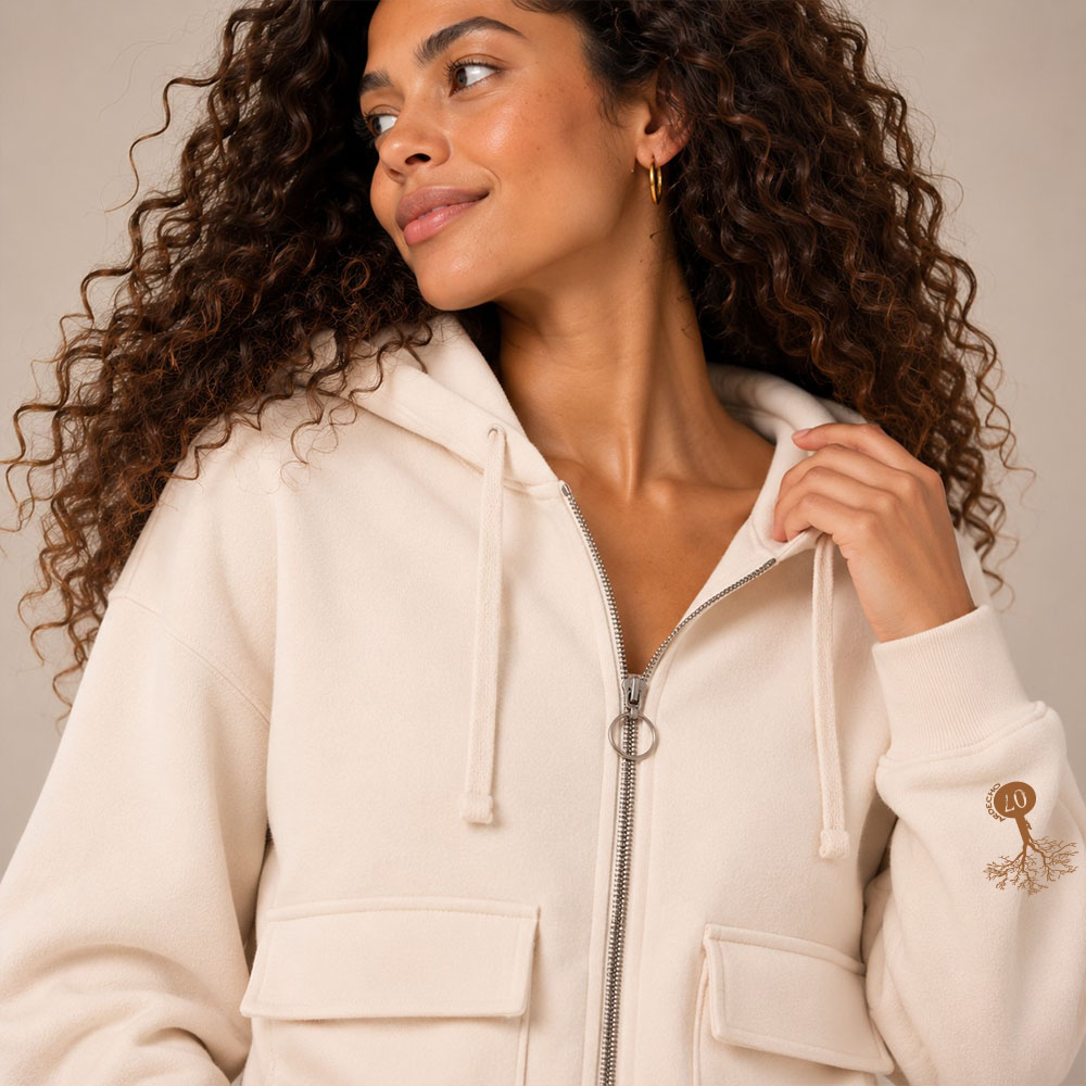 Sweat coton bio femme avec une capuche couleur écru et une fermeture éclaire. Vue de face. Dessin de la marque sur la manche de couleur marron, représentant un arbre sur la planète et une personne qui grimpe à l'arbre. Zoom sur la veste.
