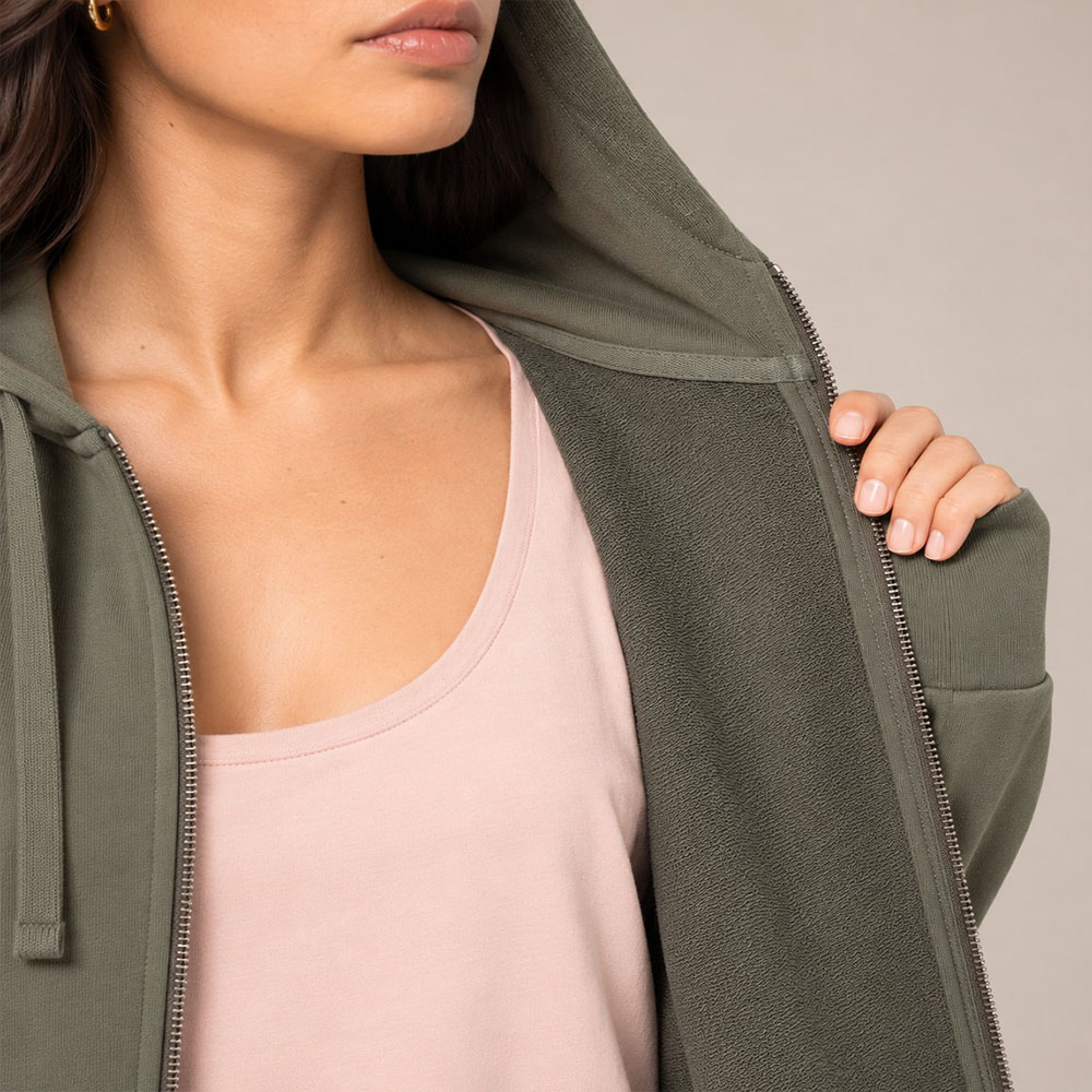 Sweat coton bio femme avec une capuche couleur kaki et une fermeture éclaire. Vue de face avec zoom sur la veste. ouverte.