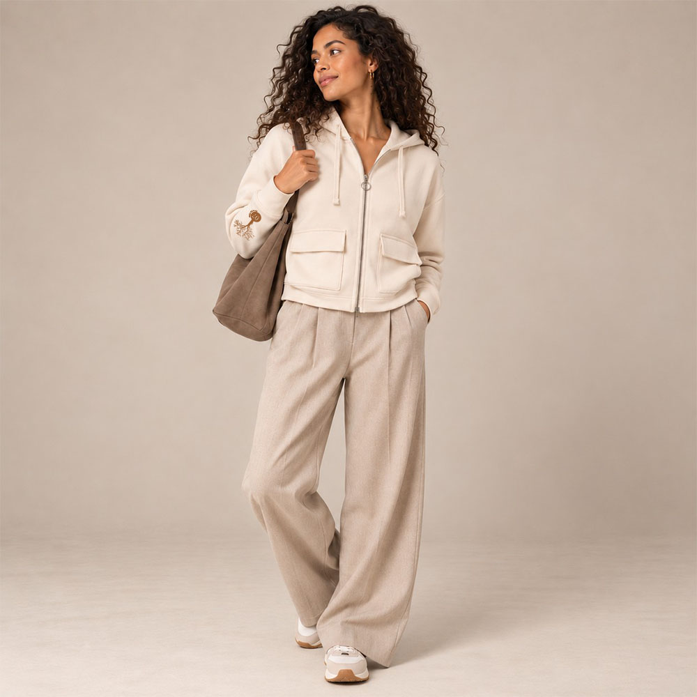 Sweat coton bio femme avec une capuche couleur écru et une fermeture éclaire. Vue de face. Dessin de la marque sur la manche de couleur marron, représentant un arbre sur la planète et une personne qui grimpe à l'arbre.