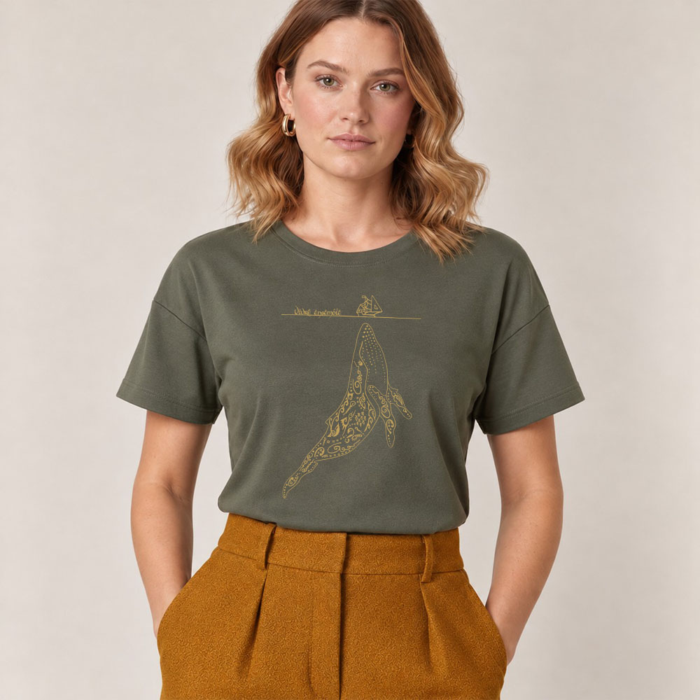 T-shirt femme manche courte en coton biologique de couleur kaki avec un dessin représentant une baleine avec des motifs polynésiens en sérigraphie de couleur doré. Zoom sur le t-shirt.