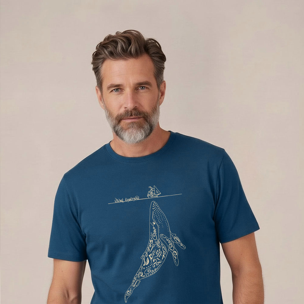 T-shirt homme manche courte en coton biologique couleur bleu denim avec un dessin représentant une baleine avec des motifs polynésiens en sérigraphie de couleur beige. Zoom sur le dessin.