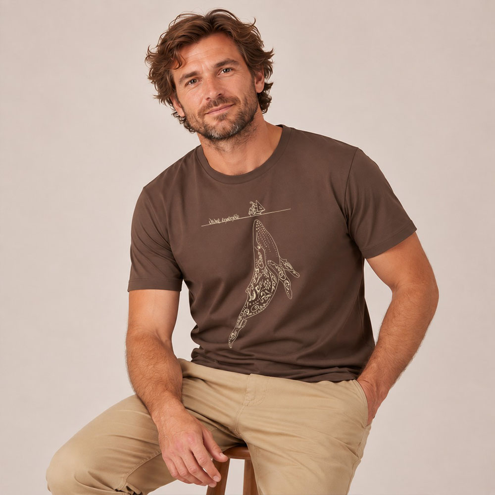 T-shirt homme manche courte en coton biologique couleur mocha avec un dessin représentant une baleine avec des motifs polynésiens en sérigraphie de couleur beige. Zoom sur le t-shirt.