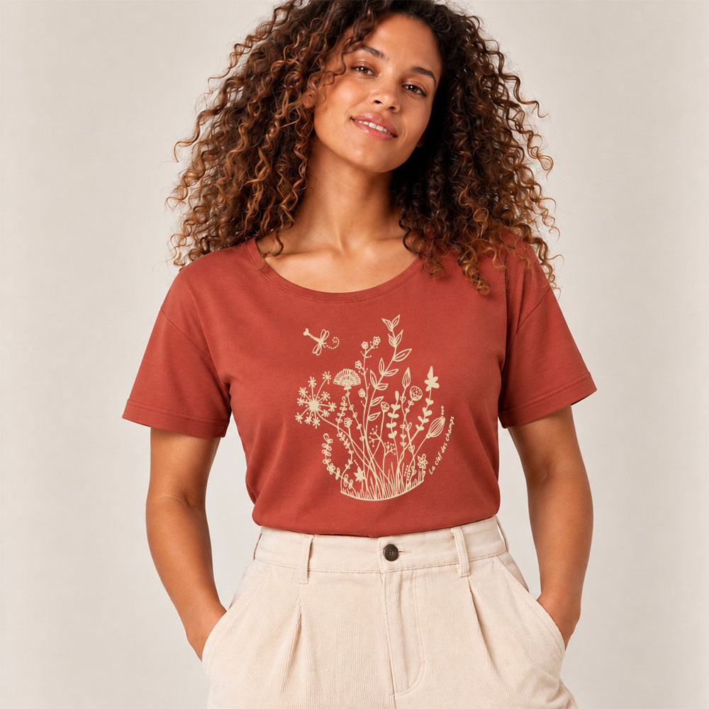T-shirt femme à manche courte en coton biologique couleur terracotta avec un dessin de bouquet de fleurs en forme allongée. Avec une inscription ' La clef des champs', la sérigraphie est de couleur beige. Zoom sur le t-shirt.