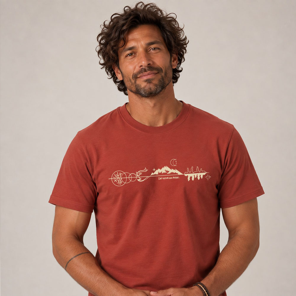 T-shirt homme manche courte en coton biologique de couleur rouge lave avec un dessin représentant les éléments de la nature sur une ligne avec l'inscription des racines aux étoiles la de sérigraphie est de couleur beige. Zoom sur le t-shirt.