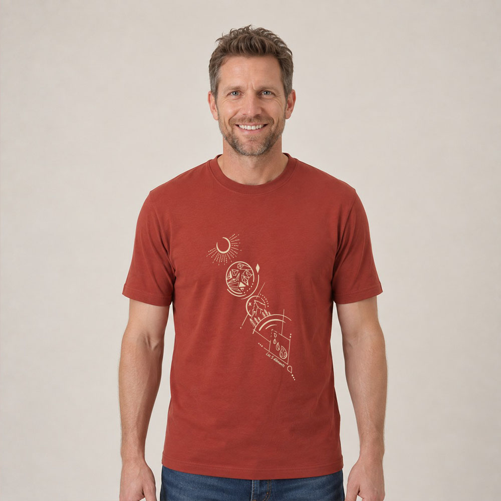 T-shirt homme manche courte en coton biologique couleur rouge lave avec un dessin représentant les cinq éléments et la sérigraphie est de couleur beige. Zoom sur le t-shirt.