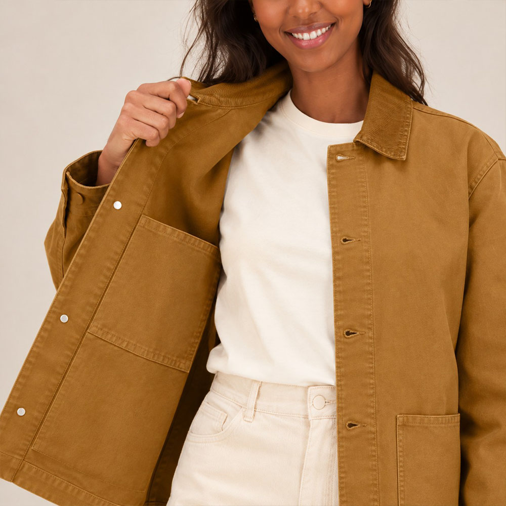 Veste bio femme couleur camel, zoom de face veste ouverte montrant la poche intérieure.